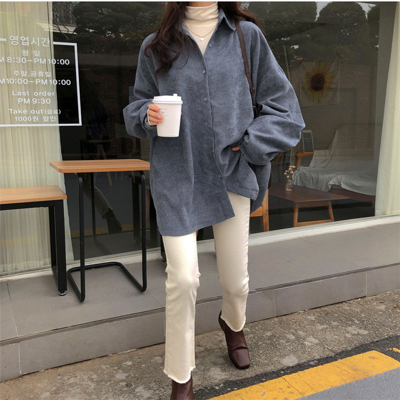 Stylish Warm Texture Corduroy Comfortable Autumn High-Quality Brief Office Lady Chic All-Match Women Fresh Shirts 210421