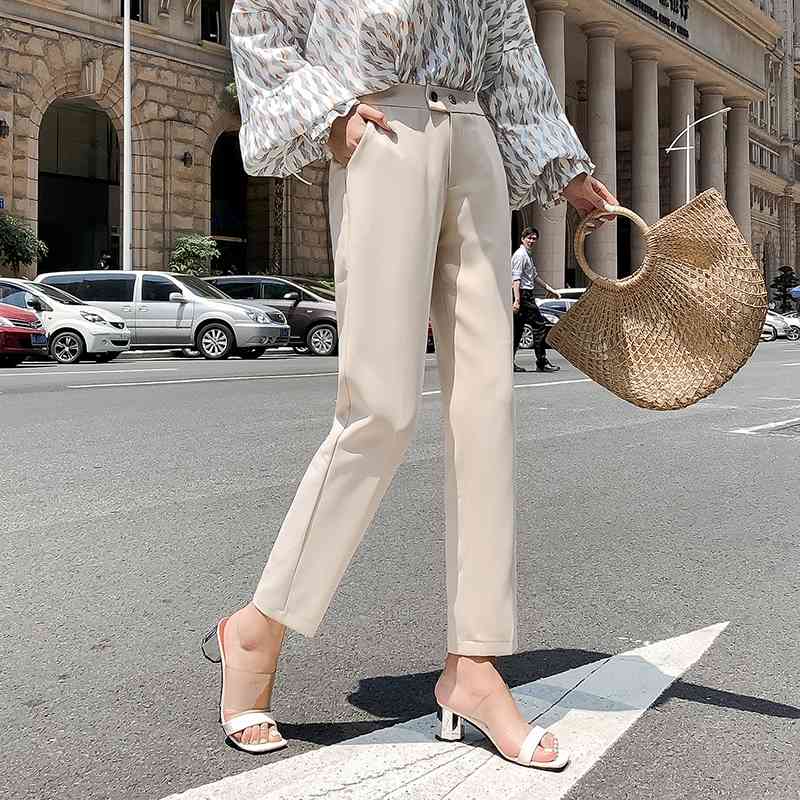 White black suit pants women high waist pockets office fashion spring autumn bottoms 210514