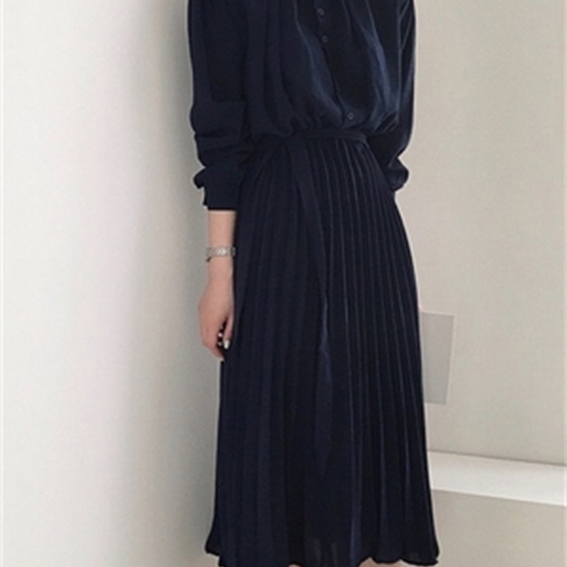 French Style Temperament Long Sleeve Women's Dress with Belt Early Spring Single Breasted Pleated Vestidos 12757 210427