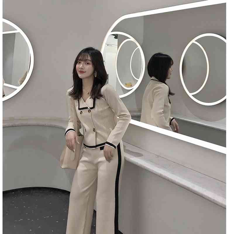 Women Aautumn Knitted Turn Down Collar Short Sleeve Double-breasted Cardigan Tops + Wide Leg Pants 2 Pieces Clothing Set Suits 210515