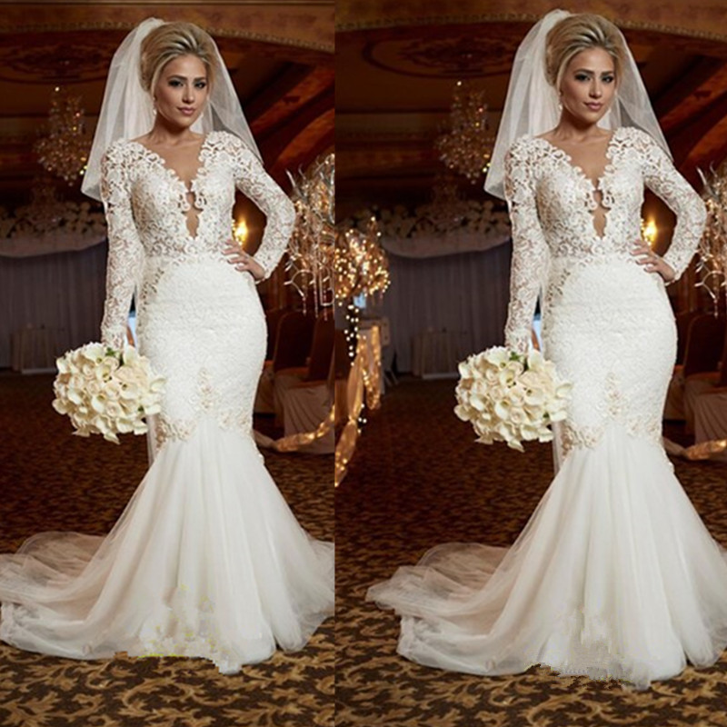 Mermaid Dresses Style Lace Pearls Trumpet Wedding Gowns Garden Bridal Gown Long Sleeves Deep V Neck Inspired Arabic