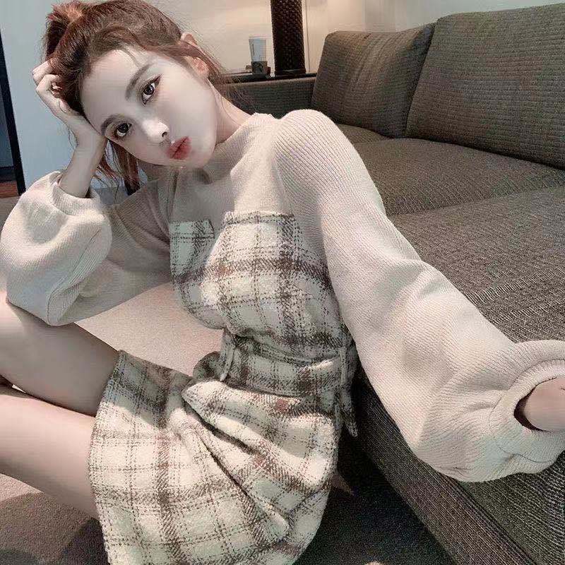 QWEEK Korean One-piece Dress Plaid Fashion Women Spring Autumn Korean Fashion Elegant Dresses for Women Long Sleeve Dress 210409