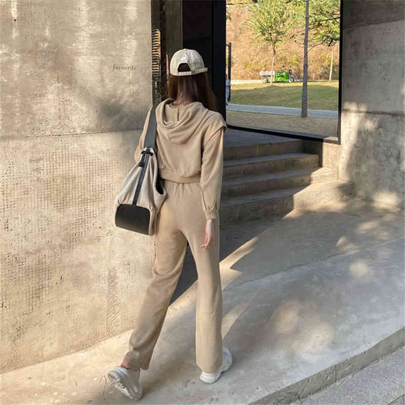 Casual Spring Hoodie Two Piece Set Women Solid Tracksuit Long Sleeve Short Tops And High Waist pants Suit Female 210519