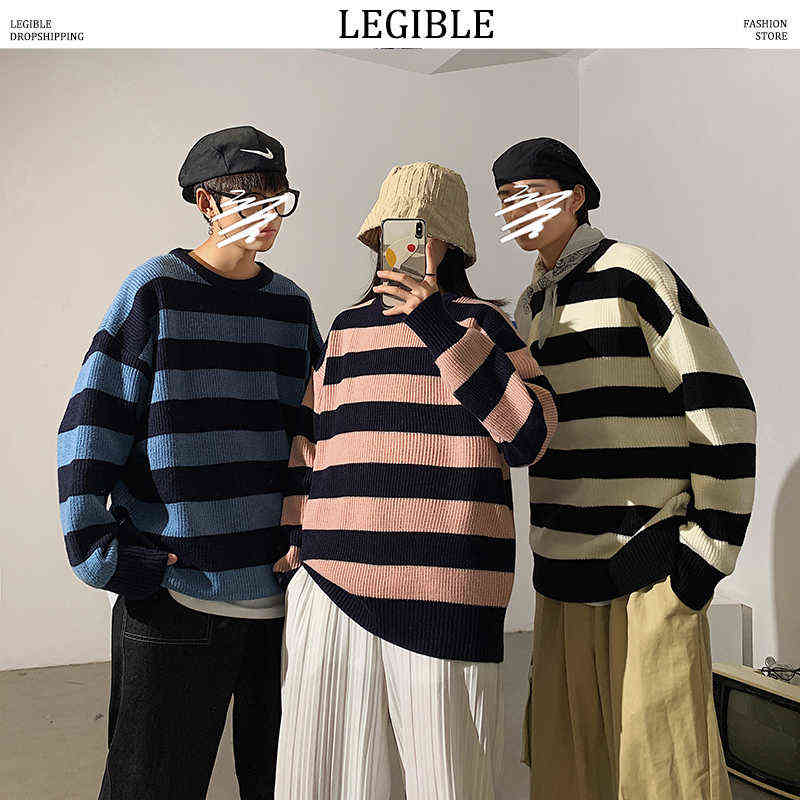 LEGIBLE Striped Men Sweaters Autumn Men's Pullovers Harajuku Streetwear Tate Landon Sweater Green Striped Sweater Women 220114
