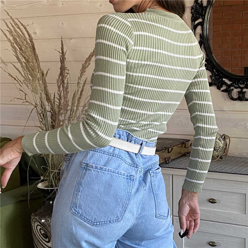 Colorfaith Winter Spring Women Sweater Buttons Knitted Pullovers Striped Casual Fashionable Wild Ladies Tops SW1696 210914