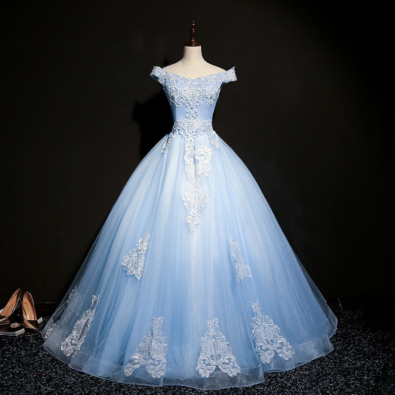 Luxury Beads Blue Quinceanera Dresses Ball Gown Off Shoulder Floor Length Long Prom Party Sweet 16 Dress Appliques Lace
