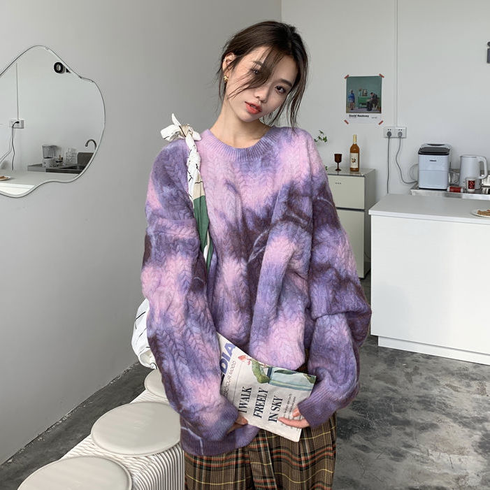 Wonder Vintage Tie Dye Oversize Sweater Warm Thick Purple Pullovers Batwing Sleeve BF Tops Knitted Outwears 210510 - view 3