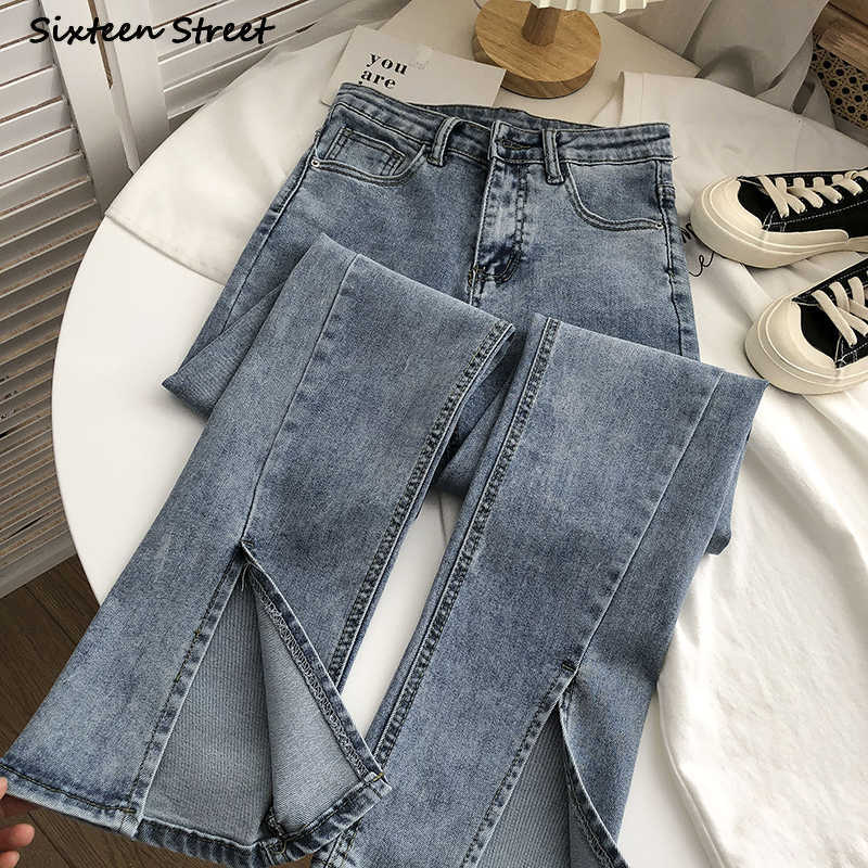 Streetwear Elastic Denim Flare Pants Woman High Waist Vintage Blue Split Jeans Korean Chic Gray Bell Bottom Female 210922