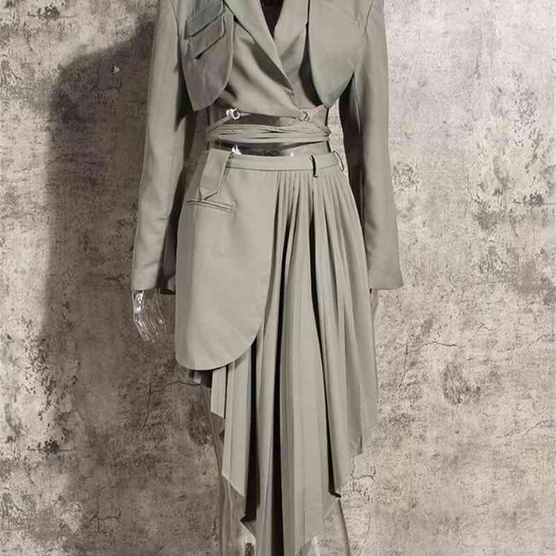 Autumn Sexy Bandage Cross Hollow Out Backless Blazer Patchwork Pleated Asymmetry Skirts Long Sleeve Suits 2 Pieces Set 210429