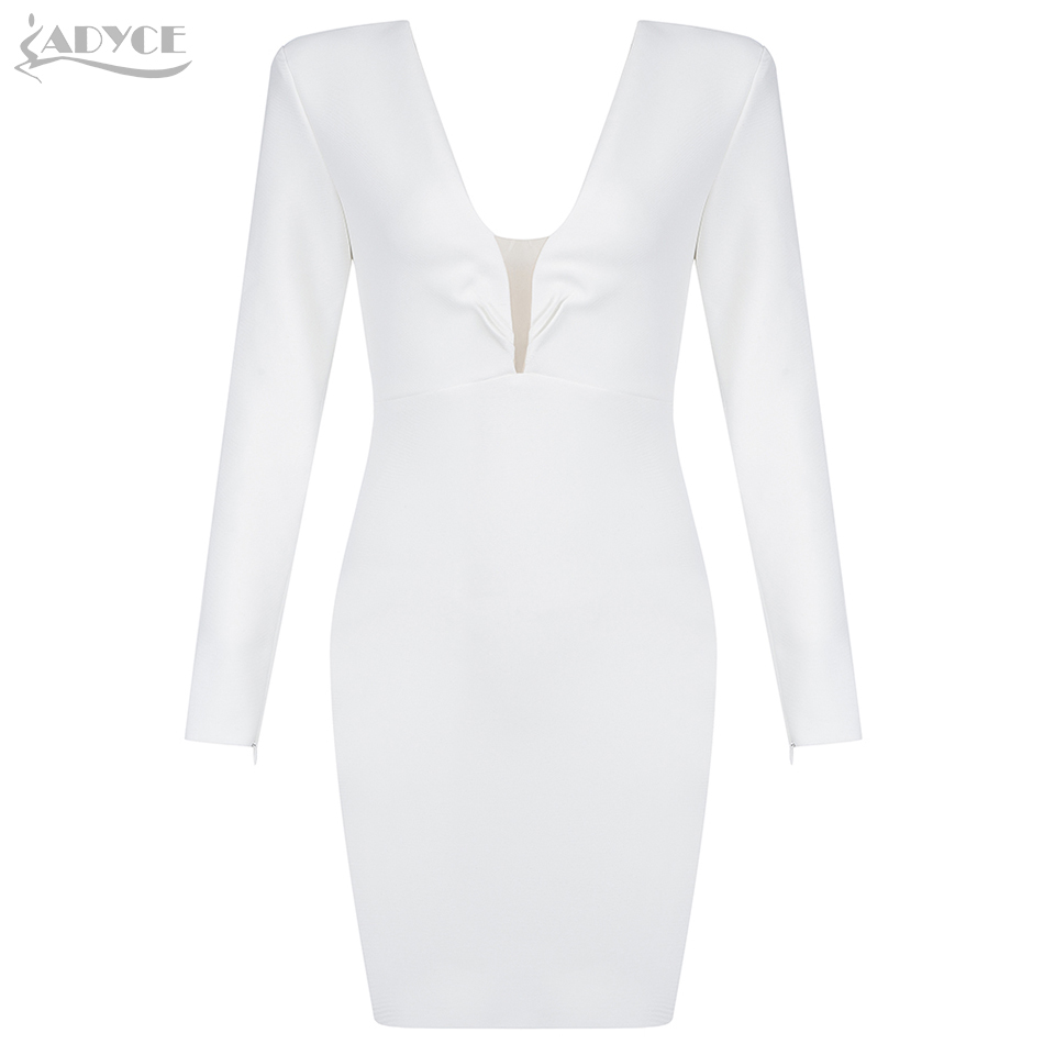 Autumn Women Long Sleeve Bodycon Bandage Mini Dress Sexy V Neck White Club Celebrity Evening Runway Party Dresses 210423