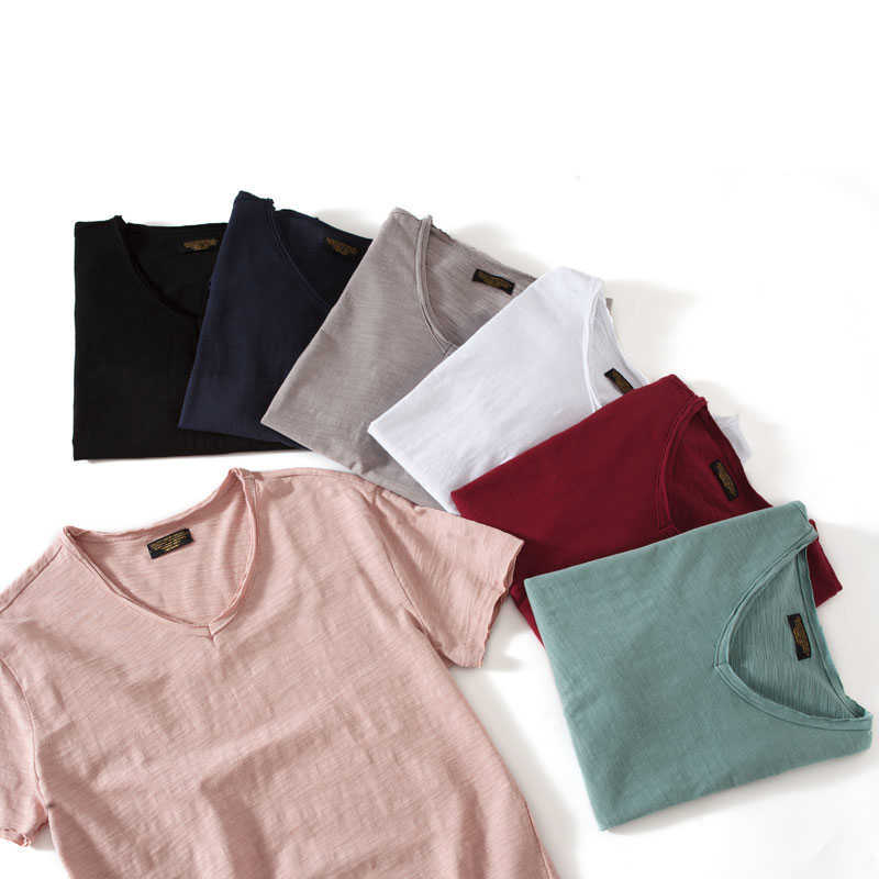Summer Men T-Shirt Solid Color 100% Cotton V-Neck Short Sleeve Men T Shirt Classical Basic High Quality Casual Tees Fashion Tops 210623