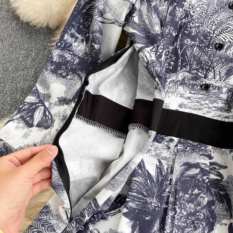 DEAT Women Printing Dress Lapel Long Sleeve Arrivals Lady Temperament Fashion Spring Autumn 11D2005 210709
