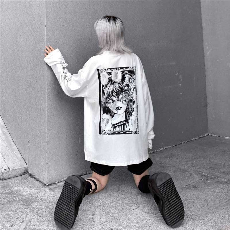 NiceMix Cartoon Horror Graphic T-shirt Women Character Print Loose Punk Japanese T Shirts Pullover Top Harajuku Street Tees 210406