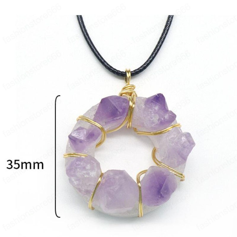 Wire Wrapped Natural Stone Amethyst Pendant Necklace 35mm Donut Pendant Irregular Healing Crystal Collar Necklaces for Women fashion jewelry