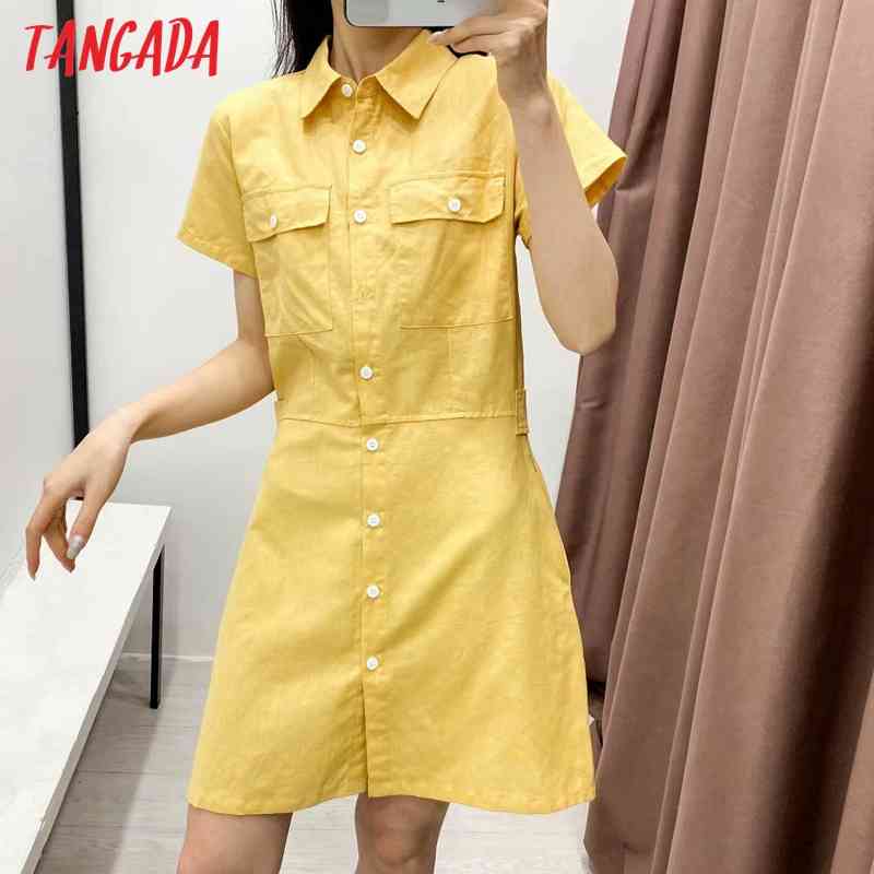 Summer Women Yellow Shirt Tunic Pocket Short Sleeve Ladies Mini Dress Vestidos 2R36 210416