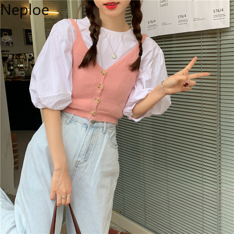 Neploe Sweet Casual Outfit Female O Neck Puff Sleeve White Shirt with Knit Pink Sling Crop Tops Two Piece Set Fashion Suit Women 210422