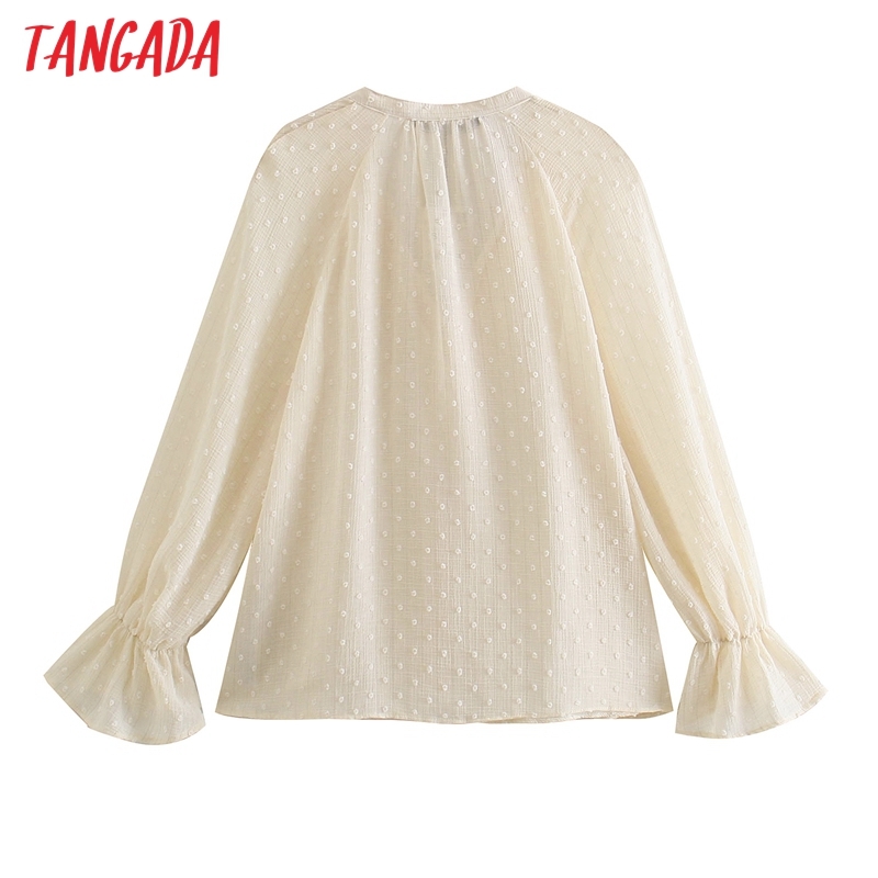 Women French Style Dots Beige Ruffled Chiffon Blouses Vintage Long Sleeve Elastic Cuffs Female Shirts Blusas BE462 210416