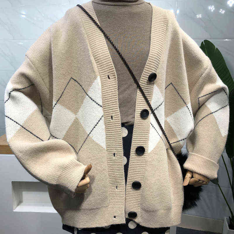 BETHQUENOY Sweter Casacos Femininos Inverno Argyle Cardigan Sweater Women Winter Clothes V-Neck Sueters De Mujer Pull Femme 211117