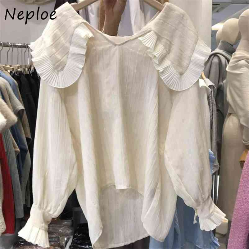 Peter Pan Collar Ruffles Patch Pulover Blouse Women Flare Long Sleeve Solid Blusas Spring Loose Shirt Feminino 210422