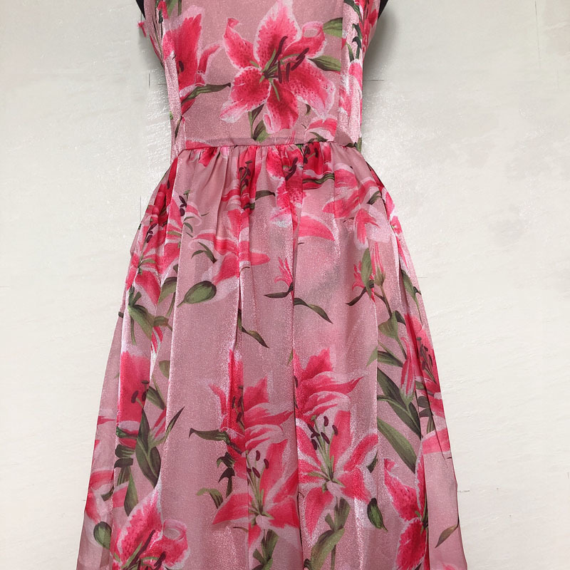 Lily Flower Print Midi Dress High Quality Spaghetti Strap Women Summer Floral Casual Beach Pinting Dreess Glitter Party 210421