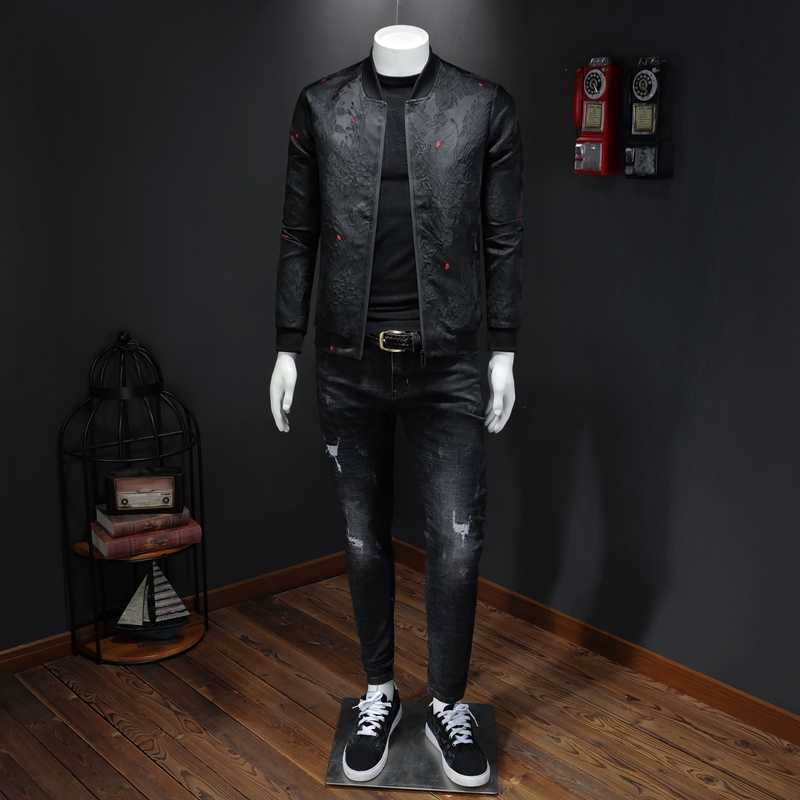 Spring Autumn Men Casual Jacket Coat Flower Slim Fit Pattern Bomber Jacket Men 4xl Puff Jacquard Black Bomber Jacket Men 210818
