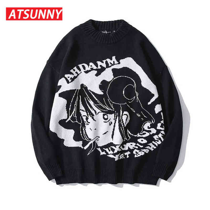 ATSUNNY Mens Hip Hop Streetwear Harajuku Sweater Vintage Retro Japanese Style Anime Girl Knitted Sweater Autumn Cotton Pullover 220108