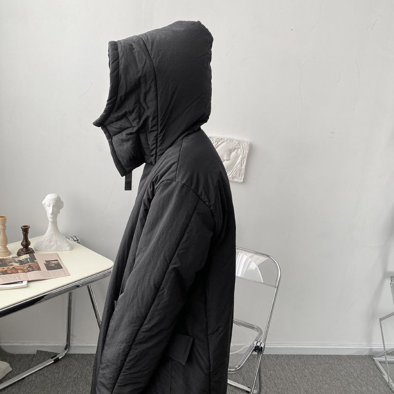 IEFB Men's black cotton padded jacket asymmetric Hooded winter long Coat loose casual oversize clothes zipper pockets 9Y4659 210524