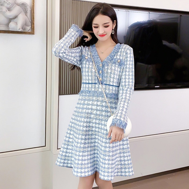 Fashion Autumn Houndstooth Tassel Trim Sweater Dress Ladies Long Sleeve V-Neck Casual Knit Dresses Vestidos 210519