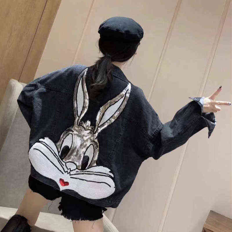 GCAROL Cartoon Sequined Oversized Denim Jacket Bling Loose Preppy Style Embroidered Short Coat Character Outfits 4 season 211117