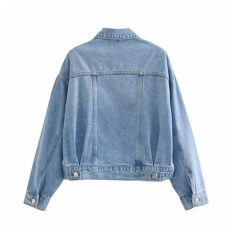 Fashion Blue Denim Jacket Women Streetwear Cotton Long Sleeve Pockets Coat Turn Down Collar Loose Casual Jeans Jackets 210414