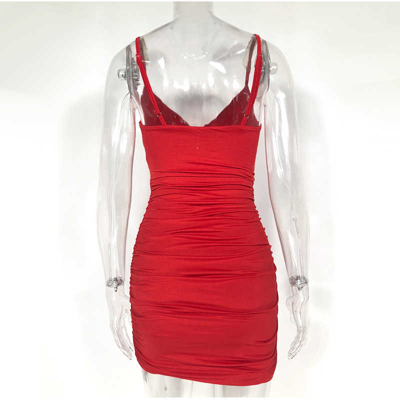 Colysmo 2 Layers Sexy Party Dress Women Summer Deep V-neck Spaghetti Straps Pleated Bodycon Chest Twisted Beach 210527