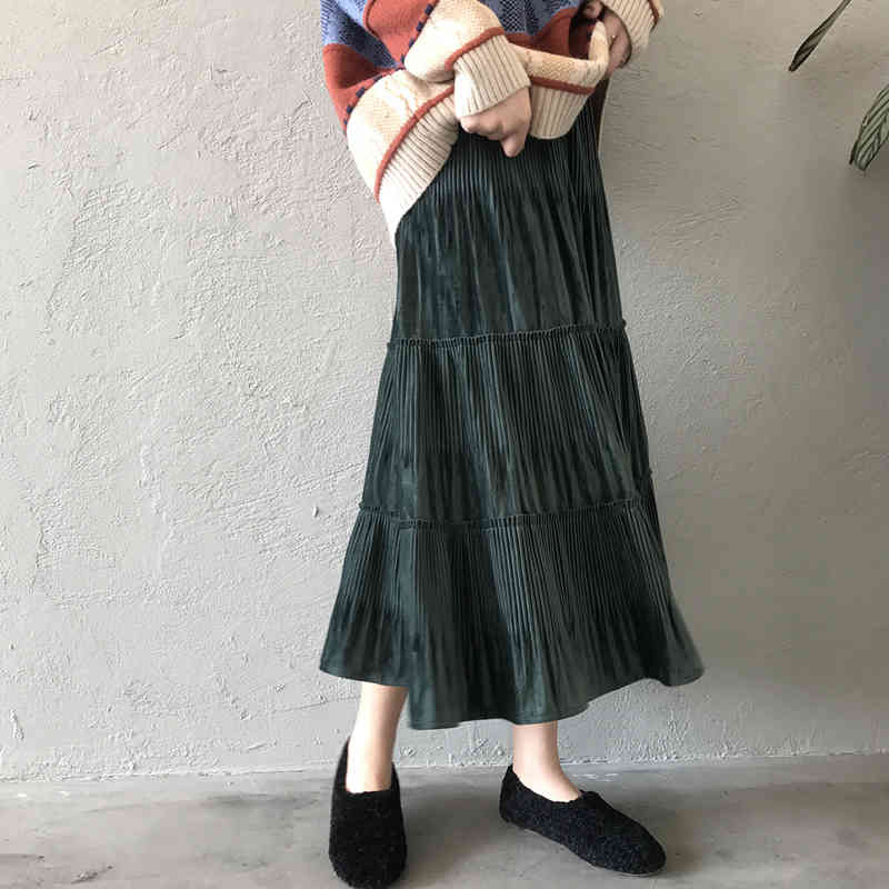 High Waist Skirt Pleated Gold Velvet Autumn Winter Women Bottoms Fashion Elegant Solid A-line Long Skirts 210421