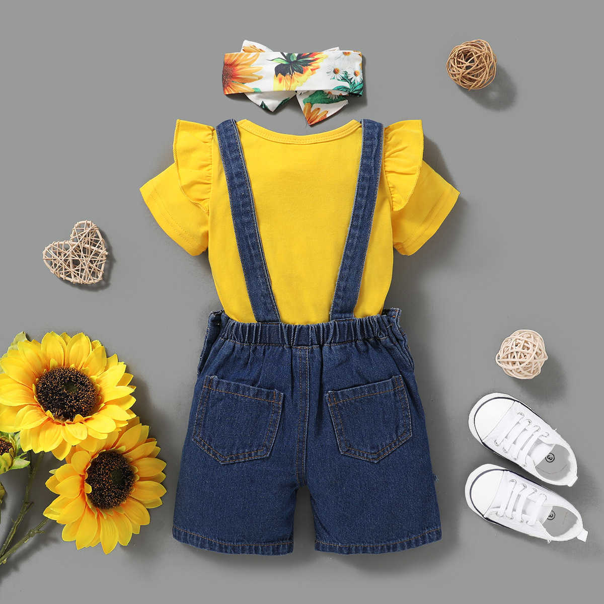 Sunflower Clothes for Kids Girls Two Piece Outfits Yellow Top Denim Jeans Fashion Baby Outfit Overalls 210529