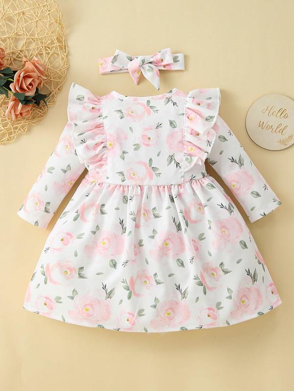 Baby Floral Print Ruffle Trim Dress With Headband SHE