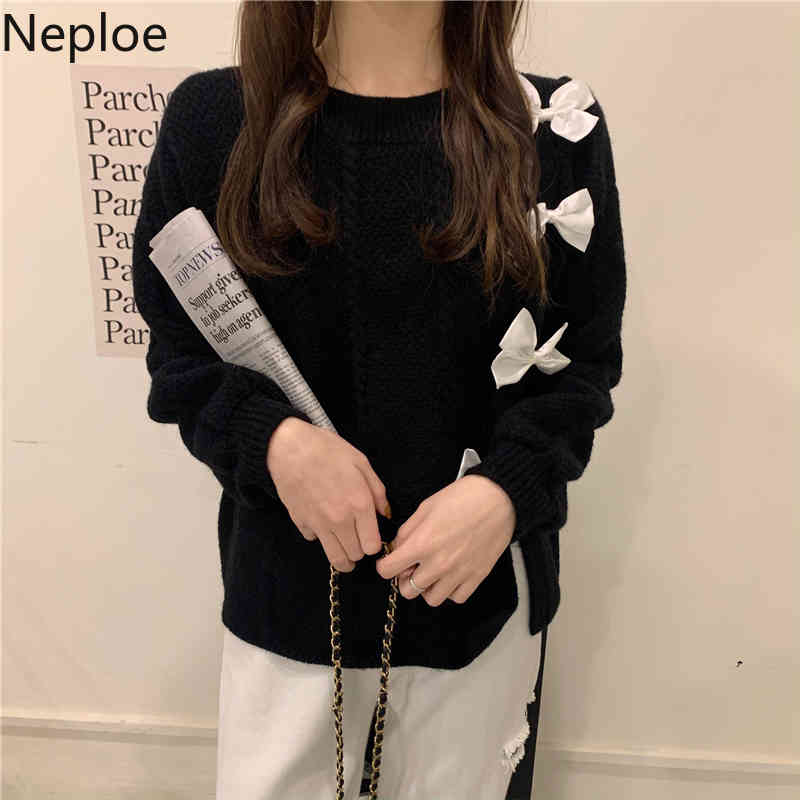 Neploe Korean Sweet Knitwear Pullovers Chic Bow O-neck Long Sleeve Knitted Sweater Women Sueter Mujer Loose All-match Red Tops 210422
