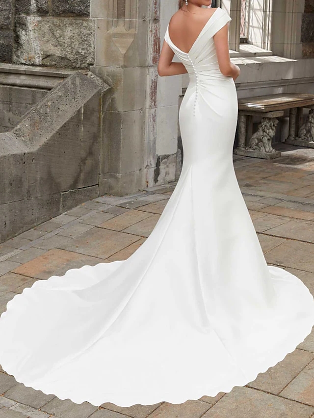 Simple New Mermaid Wedding Dresses Off Shoulder V-neck Ruched Draping Satin Bridal Gown Vestidos De Novia Custom Made 2022 robe de mariage