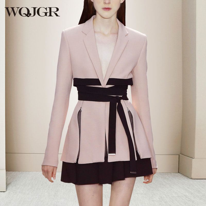 VKBN s Autumn Blazer Women Patchwork Notched Zip Women Blazers and Jackets Fashion Belt Decoration Coats Set 210507