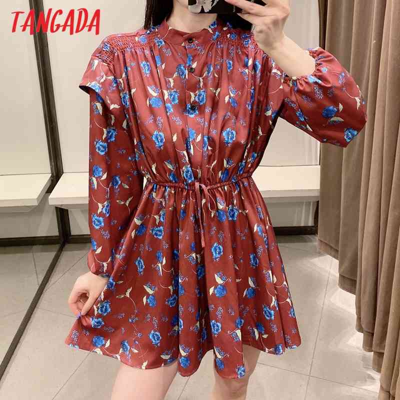 Fashion Women Flowers Print Shirt Ruffles Long Sleeve Office Ladies Mini Dress 2W78 210416