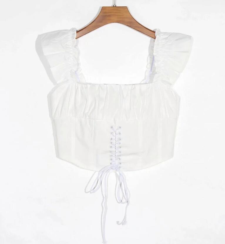 Sexy Back Zipper Slash Collar Ruched Eyelets Cross Lacing up Tank Tops Women Summer Short Sleeve Crop Top Streetwear Tees 210429
