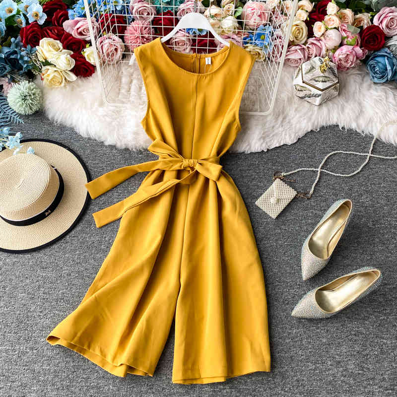 Summer Women Rompers Bandage Solid Elegant Korean Fashion Jumpsuits Bow Wide Leg High Waist Bodysuit 17242 210415