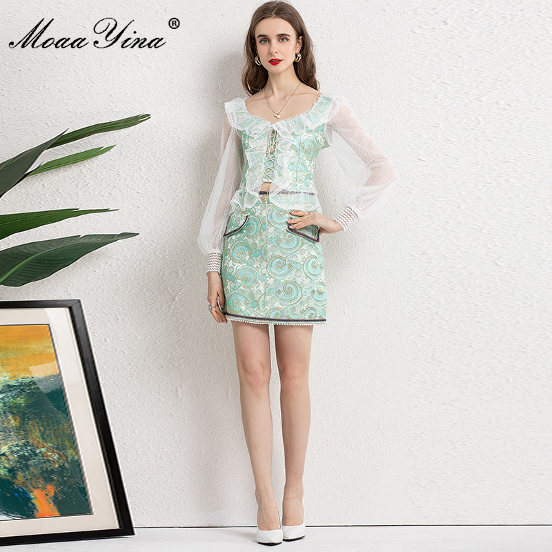Fashion Runway Summer Short Jacquard Skirts Suit Women's Sexy Ruffle Mesh Long sleeve Tops and 2 Pieces Set 210524
