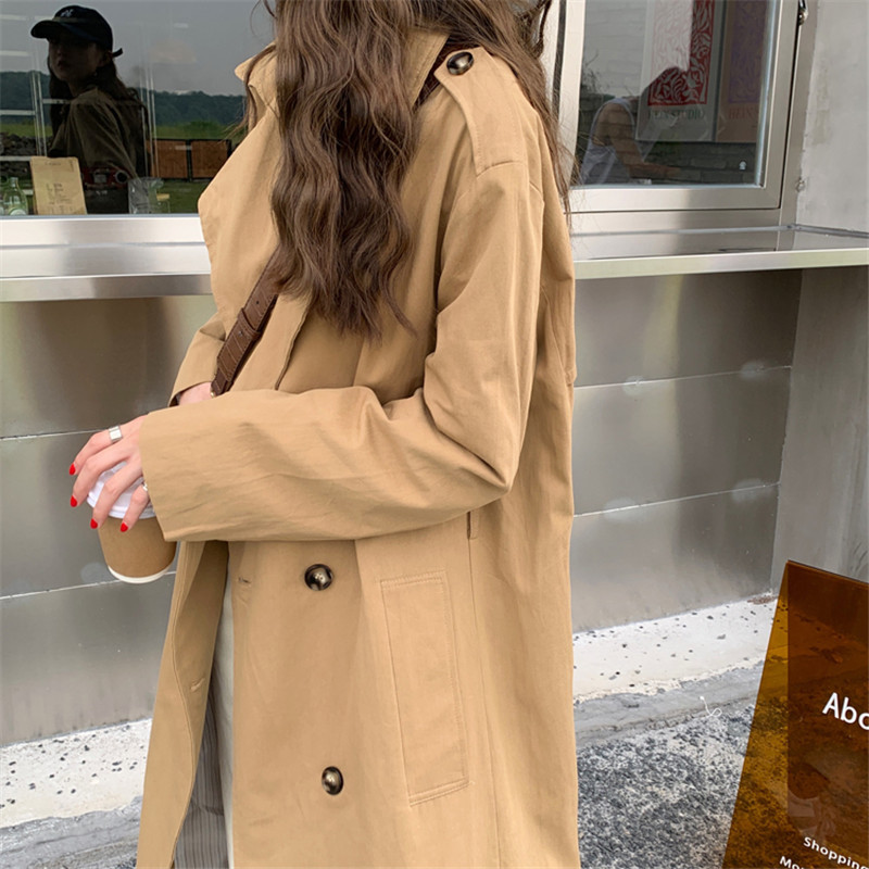 Minimalist Suit Collar Double Breasted Long Trench Coat Women Elegant OL Overcoat Autumn Work Khaki Windbreaker 210421