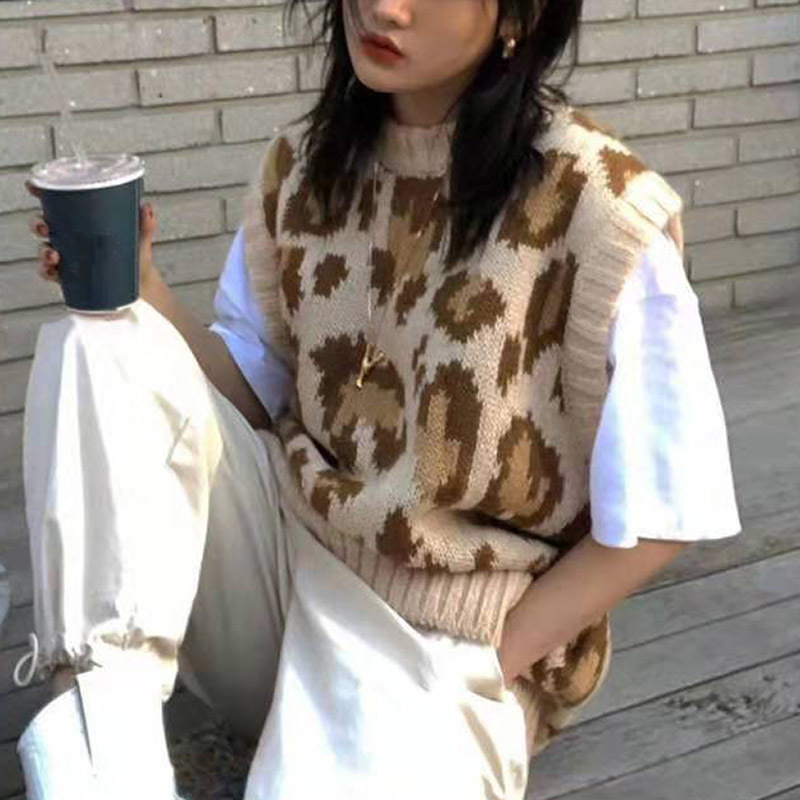 High Street Leopard Sweater Vest Women O Neck Pullover Sweaters Sleeveless Loose Fashion Knit Ladies Tops Autumn Spring 210414