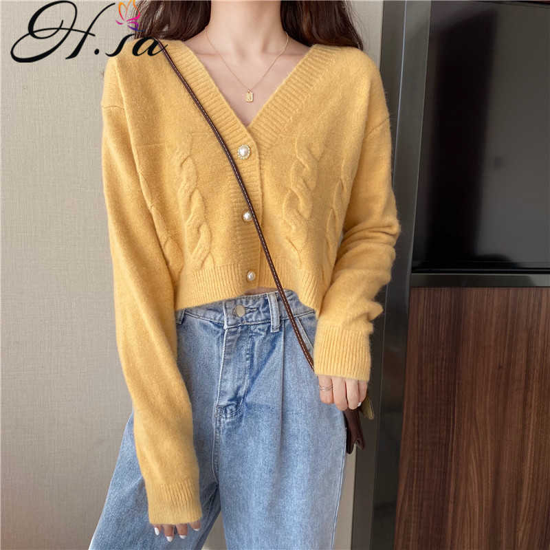 H.SA Spring Women Cardigans V neck Button Up Pearl Yellow Sweater Cardigans Short Loose Jumpers Long Sleeve Knitwear Winter 210716