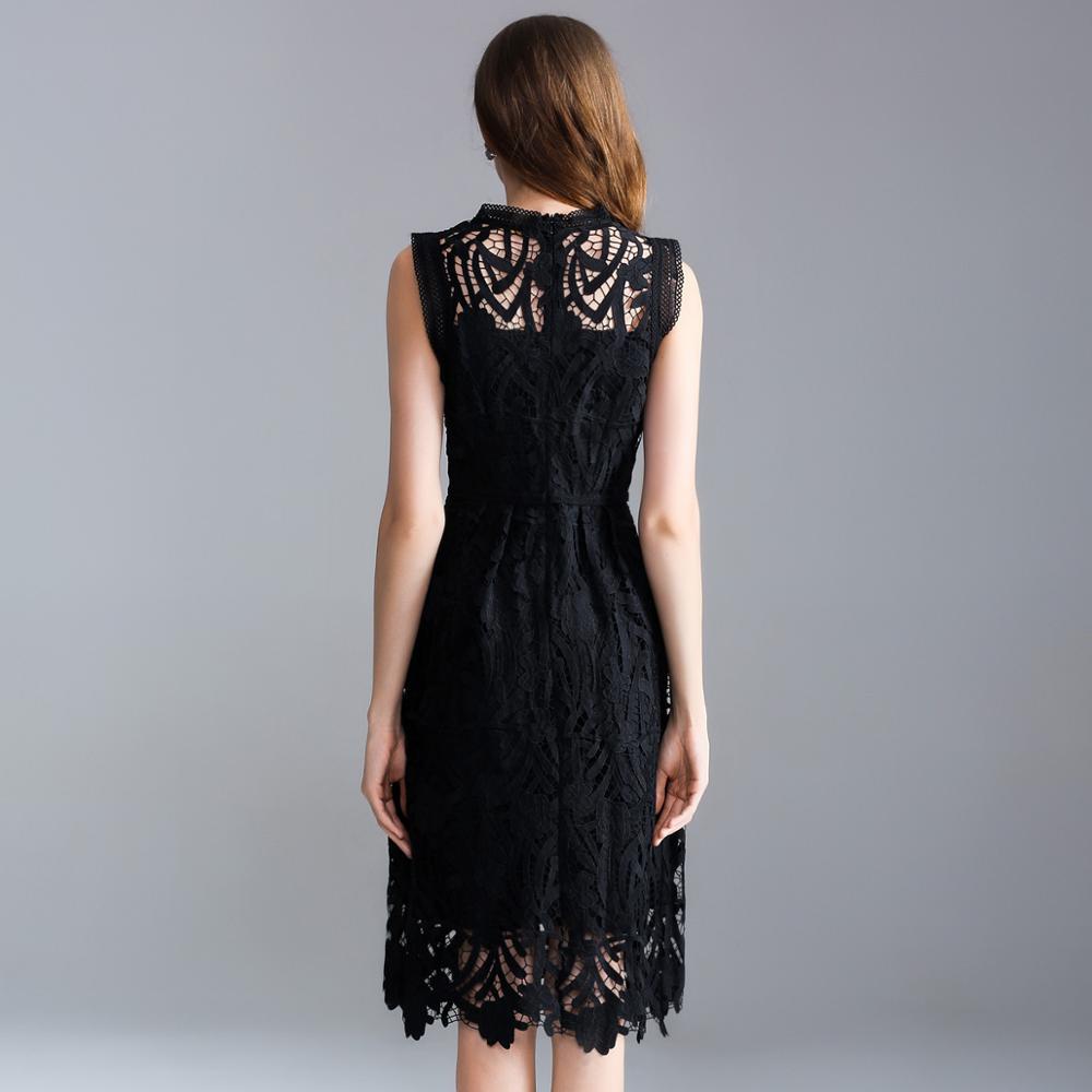 summer new European and American large size women's solid color sleeveless openwork embroidery lace A word dress 210409
