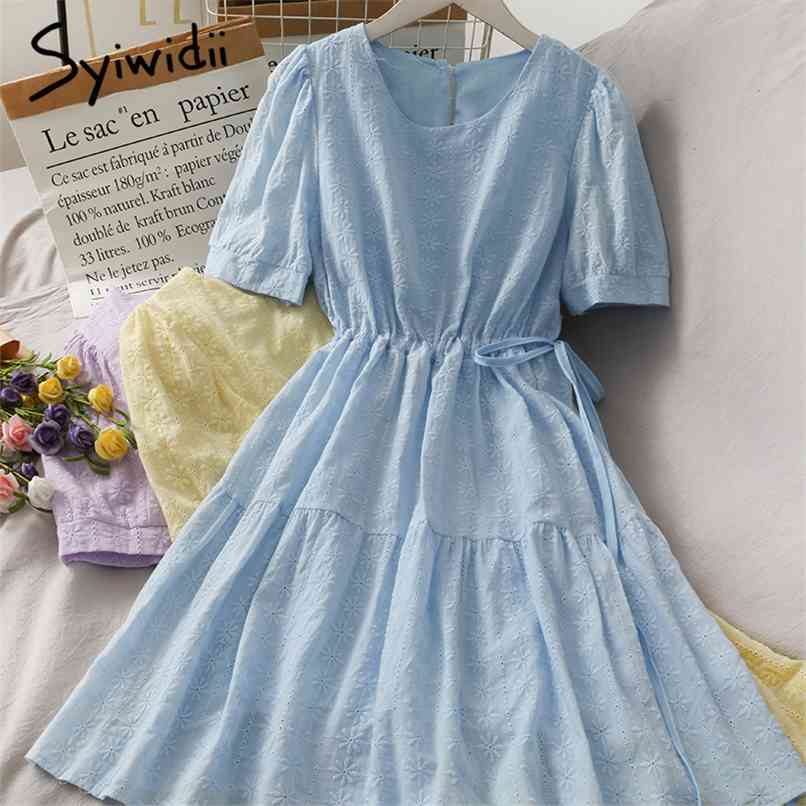 Dress for Women Summer Hollow Out Hook Flower Puff Sleeve O Neck Casual A-line Midi Dresses with Belt Blue Purple 210607, White
Dress for Women Summer Hollow Out Hook Flower Puff Sleeve O Neck Casual A-line Midi Dresses with Belt Blue Purple 210607, White