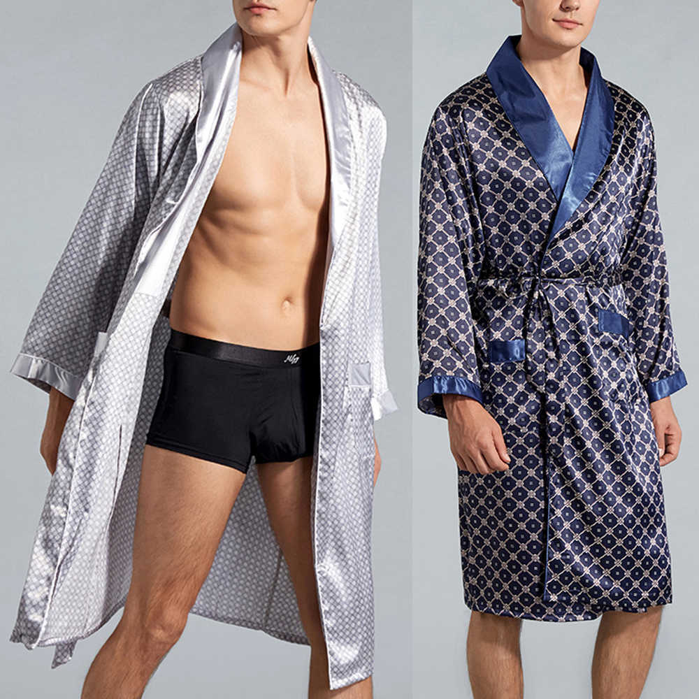 Mens Satin Silk Luxury Pajamas Kimono Bathrobe Robe Dressing Gown Pjs Loungewear Men's One-Piece Simulation Silk Nightgown H0825