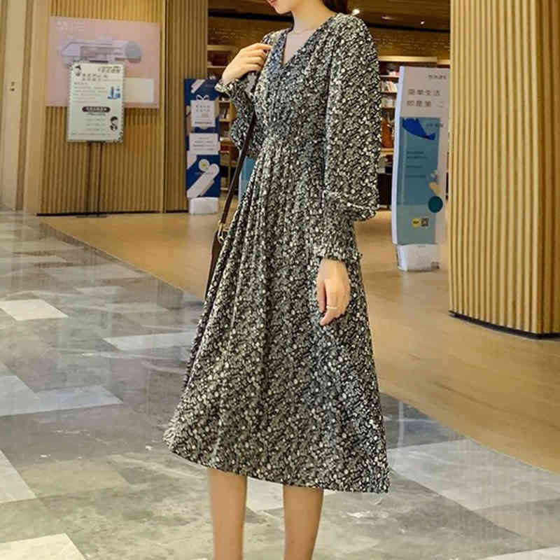 Korean A-Line V-Neck Elegant Dress Women Summer Long Sleeve Midi Chiffon Floral Party es For Vestidos 12093 210508