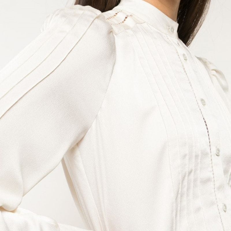 VGH White Patchwork Lace Set For Women Stand Collar Long Sleeve Shirt High Waist Min Skirt Elegant Two Piece Sets Female Fashion 210421