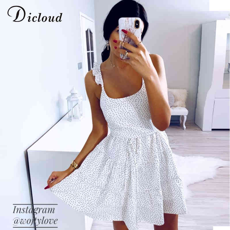 DICLOUD Polka Dot White Women's Summer Sundress Ruffle Backless Sexy Mini Party Dress Elegant Lace up Beach Clothes Female 210331